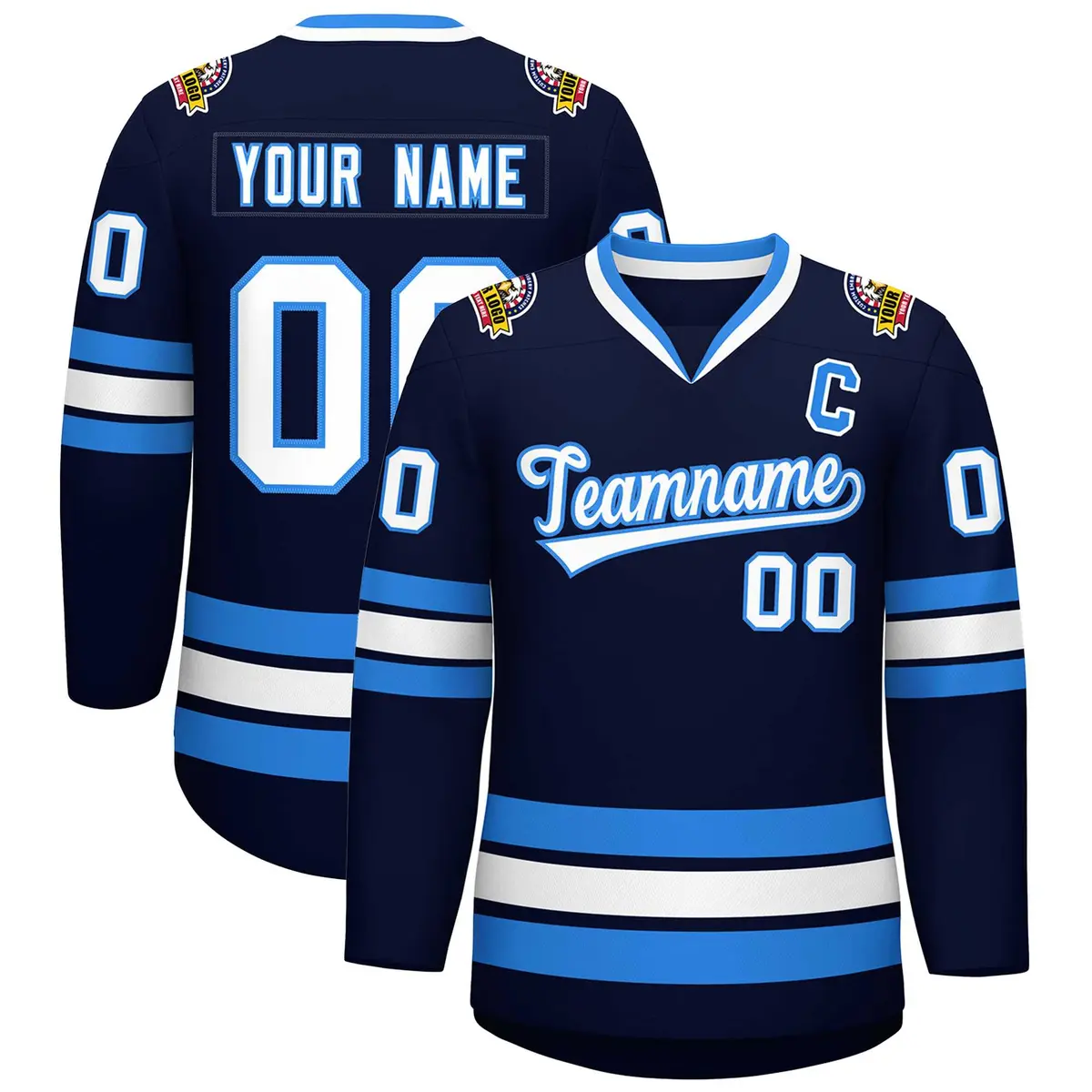 Navy White-Powder Blue Classic Style Hockey Jersey