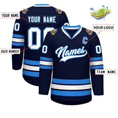 Navy White-Powder Blue Classic Style Hockey Jersey 2