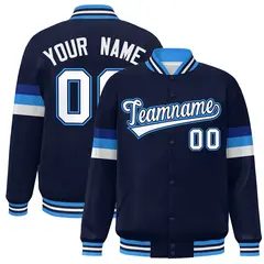 Navy White-Powder Blue Color Block Varsity Full-Snap Baseball Jacket 1