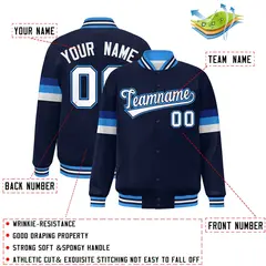 Navy White-Powder Blue Color Block Varsity Full-Snap Baseball Jacket 2