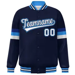 Navy White-Powder Blue Color Block Varsity Full-Snap Baseball Jacket 3