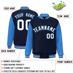 Navy White-Powder Blue Raglan Sleeves Varsity Full-Snap Letterman Jacket 2