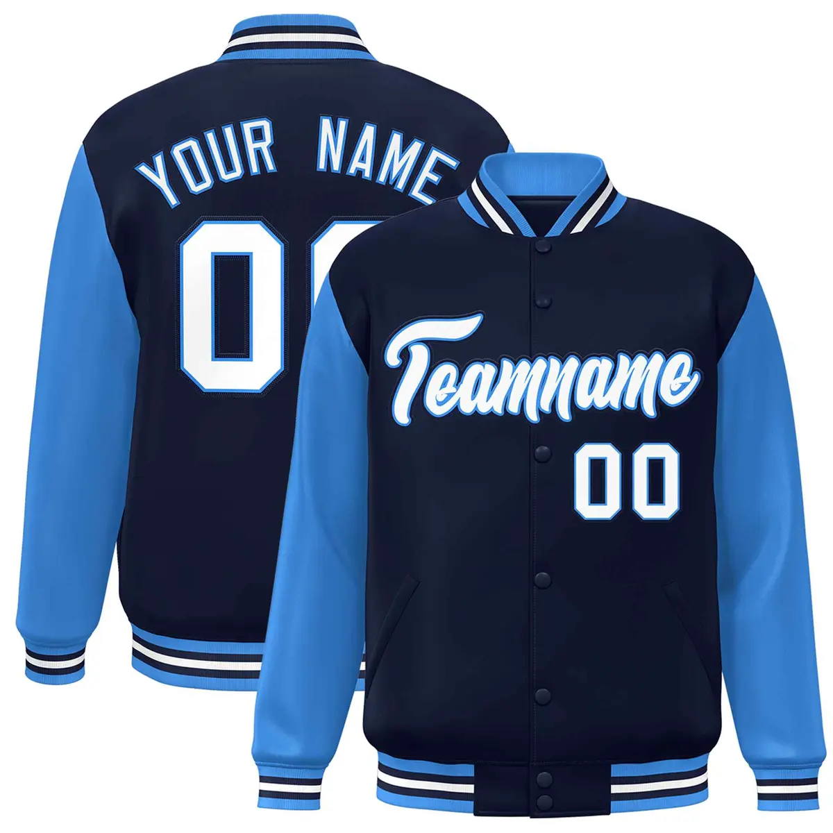 Navy White-Powder Blue Raglan Sleeves Varsity Full-Snap Letterman Jacket