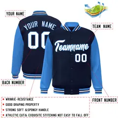Navy White-Powder Blue Raglan Sleeves Varsity Full-Snap Letterman Jacket 2