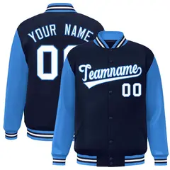 Navy White-Powder Blue Raglan Sleeves Varsity Full-Snap Letterman Jacket