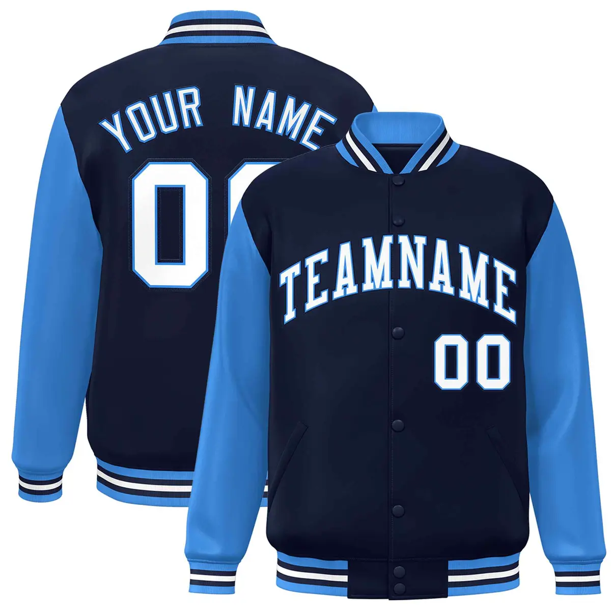 Navy White-Powder Blue Raglan Sleeves Varsity Full-Snap Letterman Jacket