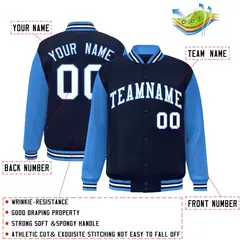 Navy White-Powder Blue Raglan Sleeves Varsity Full-Snap Letterman Jacket 2