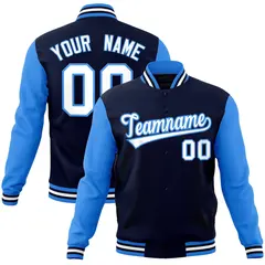 Navy White-Powder Blue Raglan Sleeves Varsity Full-Snap Letterman Jacket