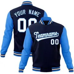 Navy White-Powder Blue Raglan Sleeves Varsity Full-Snap Letterman Jacket