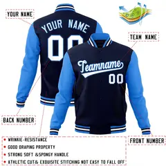 Navy White-Powder Blue Raglan Sleeves Varsity Full-Snap Letterman Jacket 4
