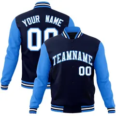 Navy White-Powder Blue Raglan Sleeves Varsity Full-Snap Letterman Jacket 1