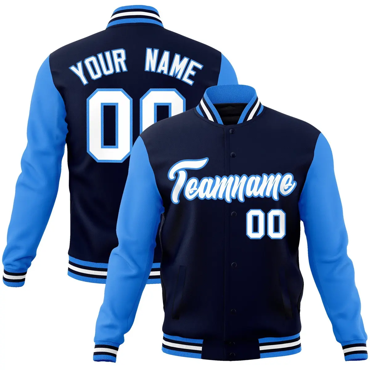 Navy White-Powder Blue Raglan Sleeves Varsity Full-Snap Letterman Jacket