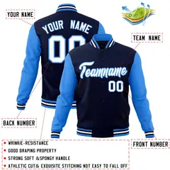 Navy White-Powder Blue Raglan Sleeves Varsity Full-Snap Letterman Jacket 4