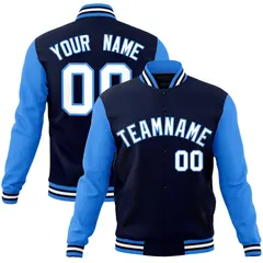 Navy White-Powder Blue Raglan Sleeves Varsity Full-Snap Letterman Jacket 1
