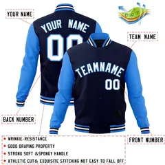 Navy White-Powder Blue Raglan Sleeves Varsity Full-Snap Letterman Jacket 4