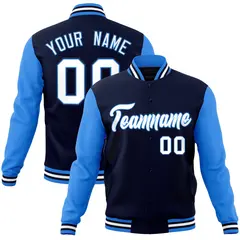 Navy White-Powder Blue Raglan Sleeves Varsity Full-Snap Letterman Jacket 1