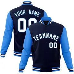 Navy White-Powder Blue Raglan Sleeves Varsity Full-Snap Letterman Jacket 1