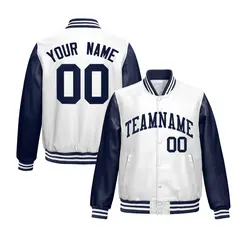 Navy White Raglan Full-Snap Varsity Faux Leather Letterman Jacket