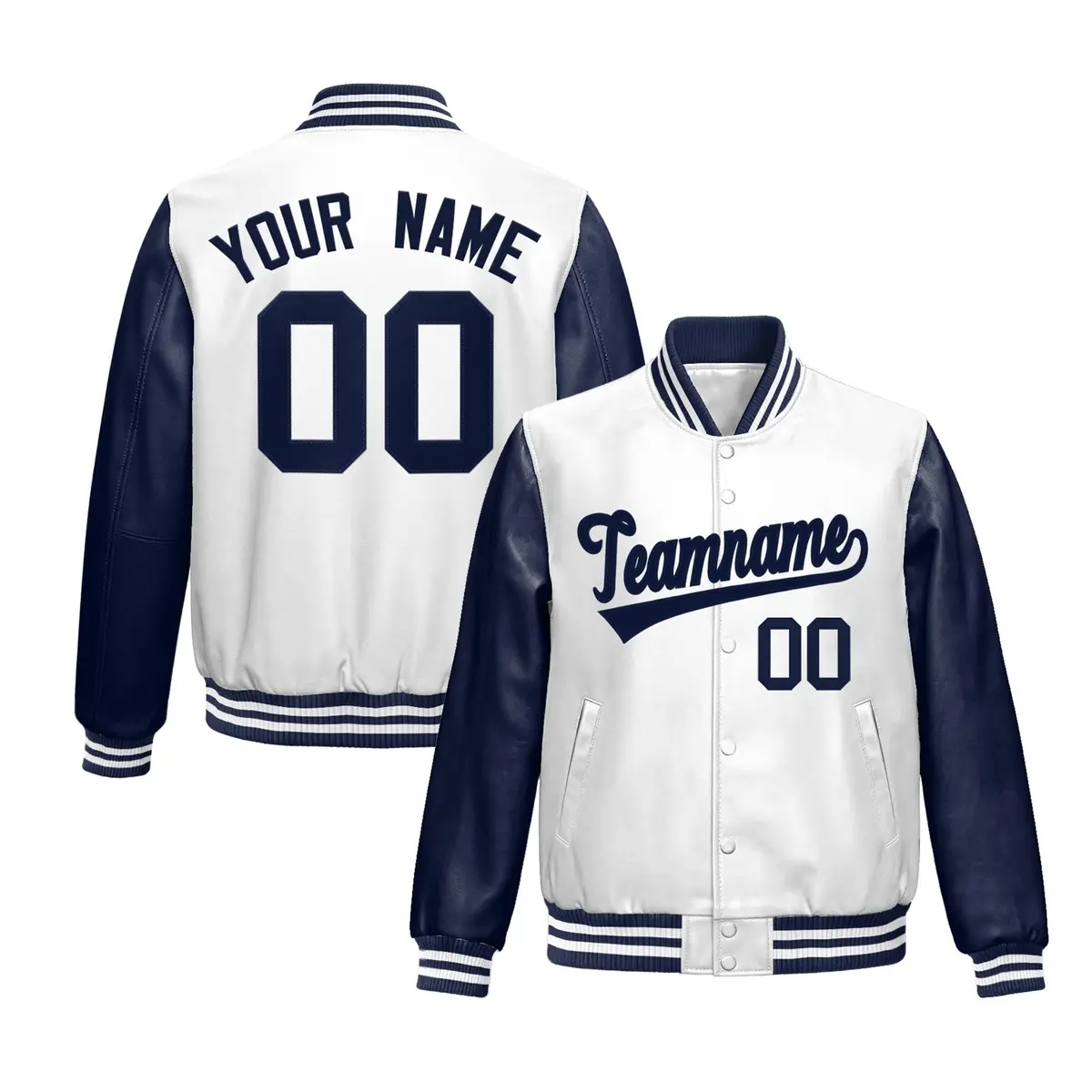 Navy White Raglan Full-Snap Varsity Faux Leather Letterman Jacket
