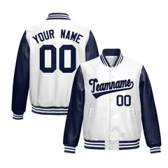 Navy White Raglan Full-Snap Varsity Faux Leather Letterman Jacket 1