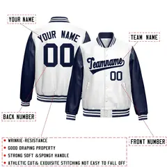 Navy White Raglan Full-Snap Varsity Faux Leather Letterman Jacket 2