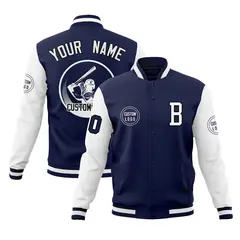 Navy White Raglan Full-Snap Varsity Letterman Baseball Jacket