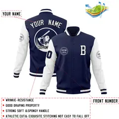 Navy White Raglan Full-Snap Varsity Letterman Baseball Jacket 4