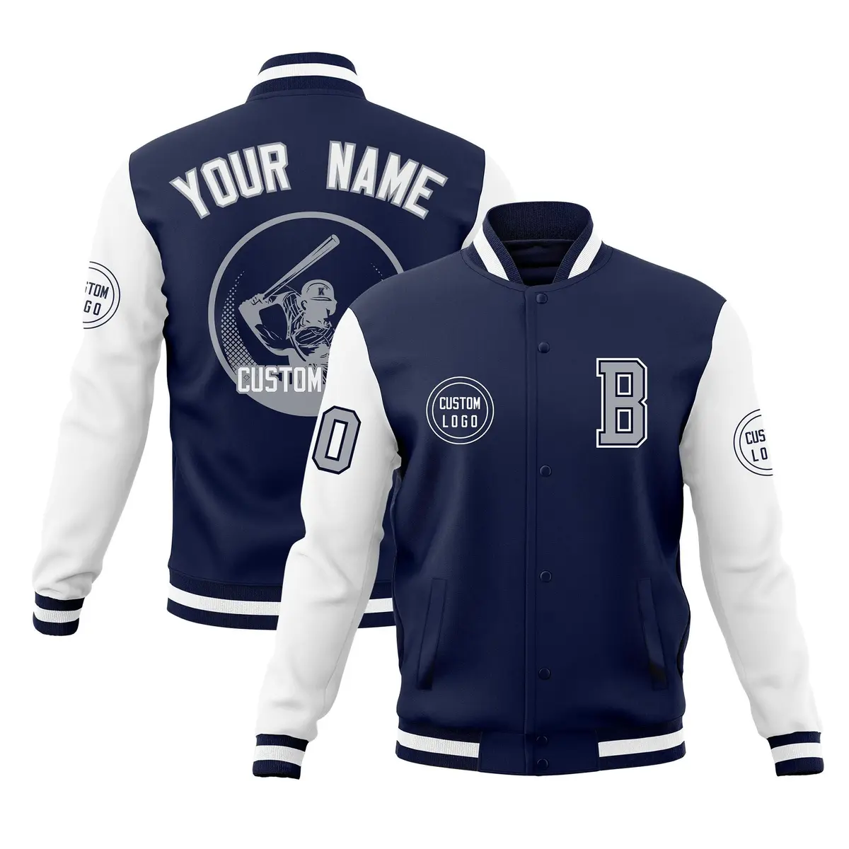 Navy White Raglan Full-Snap Varsity Letterman Baseball Jacket