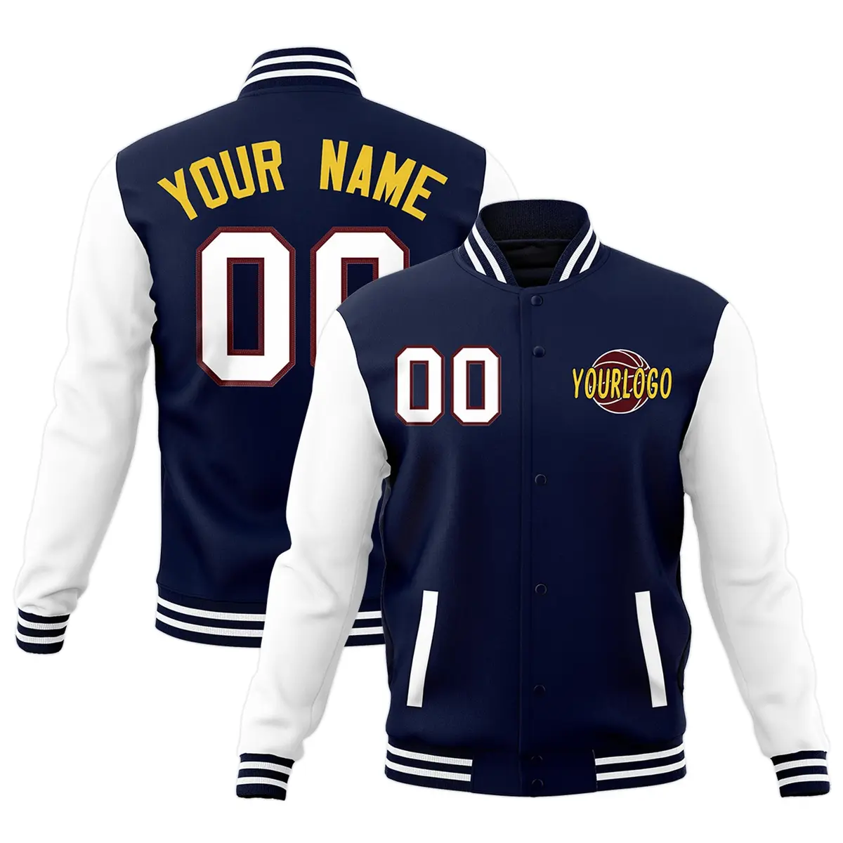 Navy White Raglan Sleeve Cotton Letterman Jacket