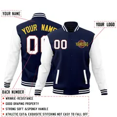 Navy White Raglan Sleeve Cotton Letterman Jacket 2