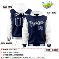 Navy White Raglan Sleeves Full-Snap Varsity Jacket Hoodie 4