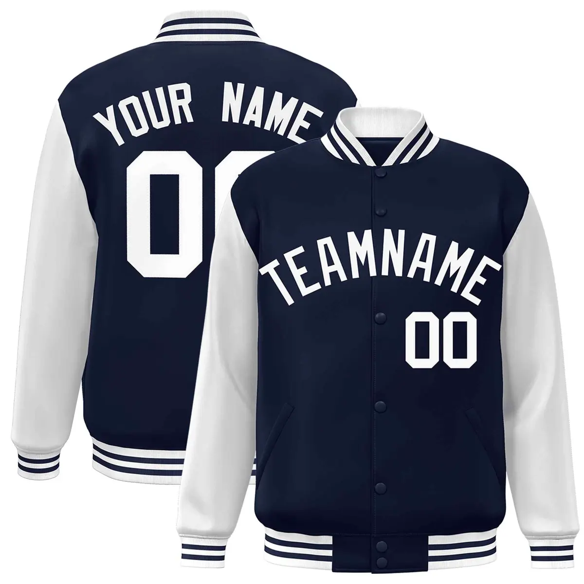 Navy White Raglan Sleeves Varsity Full-Snap Letterman Jacket