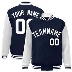 Navy White Raglan Sleeves Varsity Full-Snap Letterman Jacket
