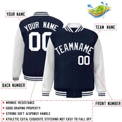 Navy White Raglan Sleeves Varsity Full-Snap Letterman Jacket 2