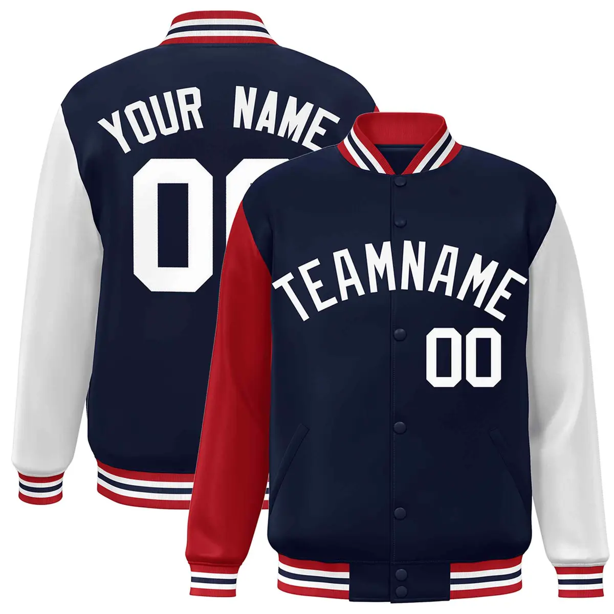 Navy White Raglan Sleeves Varsity Full-Snap Letterman Jacket
