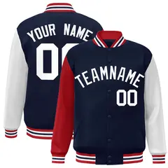 Navy White Raglan Sleeves Varsity Full-Snap Letterman Jacket