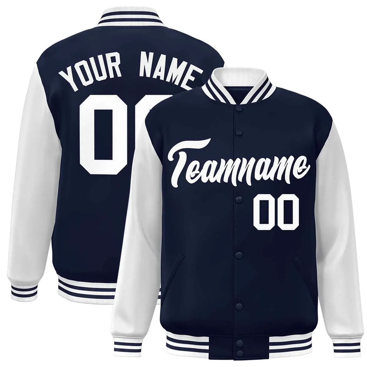Navy White Raglan Sleeves Varsity Full-Snap Letterman Jacket