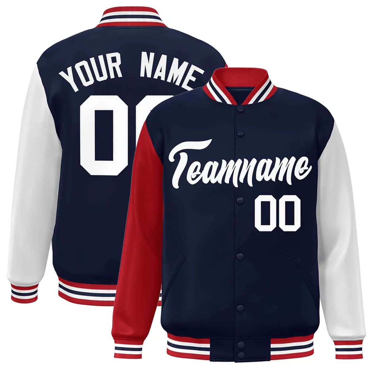 Navy White Raglan Sleeves Varsity Full-Snap Letterman Jacket