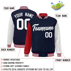 Navy White Raglan Sleeves Varsity Full-Snap Letterman Jacket 2