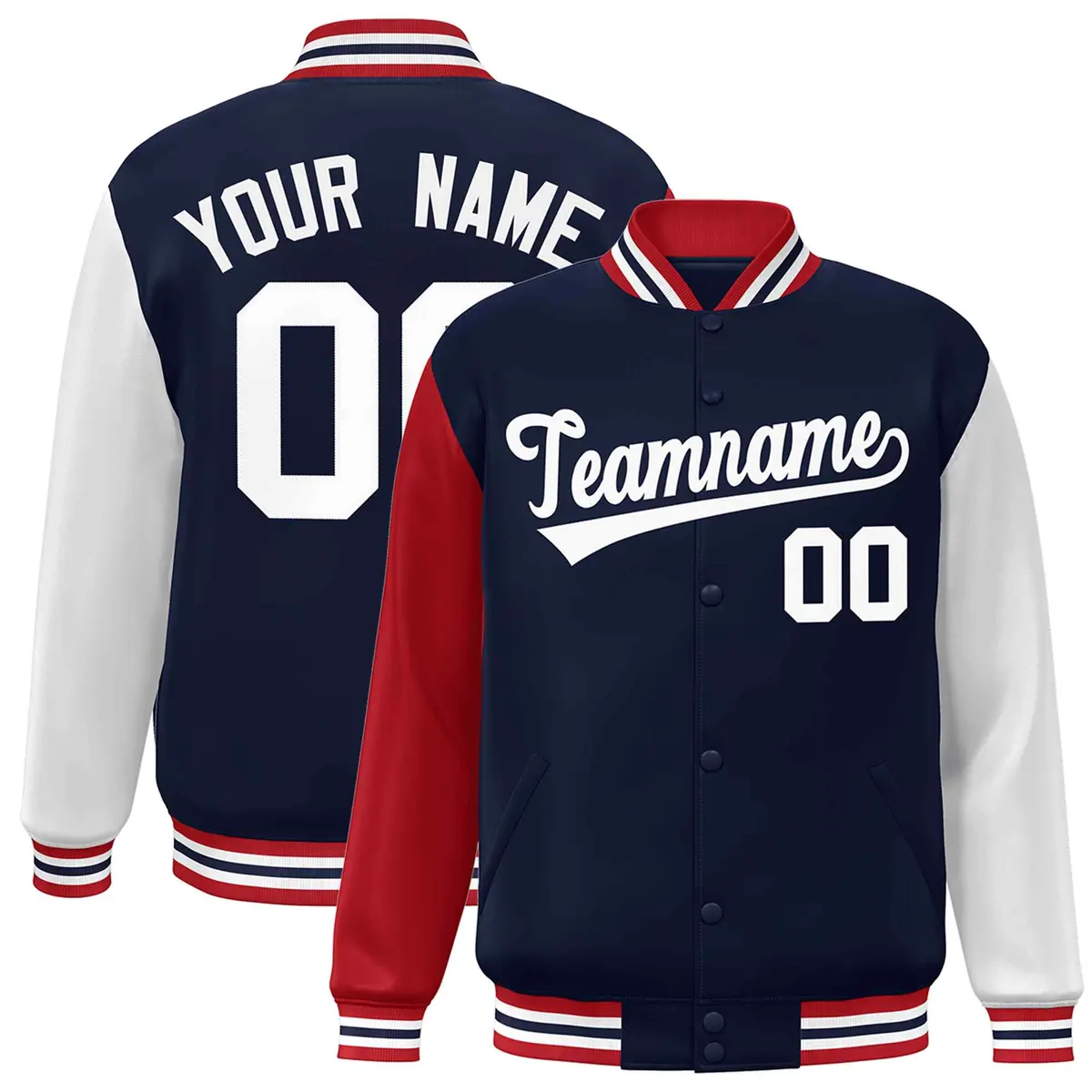 Navy White Raglan Sleeves Varsity Full-Snap Letterman Jacket