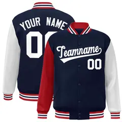 Navy White Raglan Sleeves Varsity Full-Snap Letterman Jacket