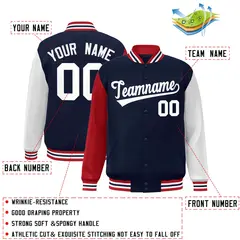 Navy White Raglan Sleeves Varsity Full-Snap Letterman Jacket 2