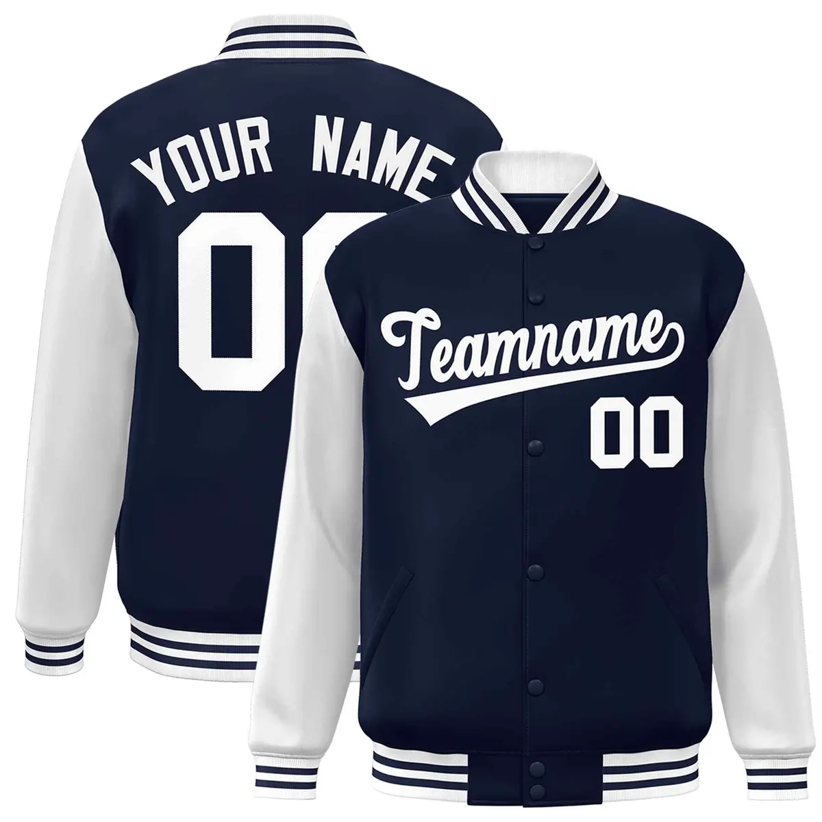 Navy White Raglan Sleeves Varsity Full-Snap Letterman Jacket