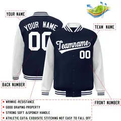 Navy White Raglan Sleeves Varsity Full-Snap Letterman Jacket 2