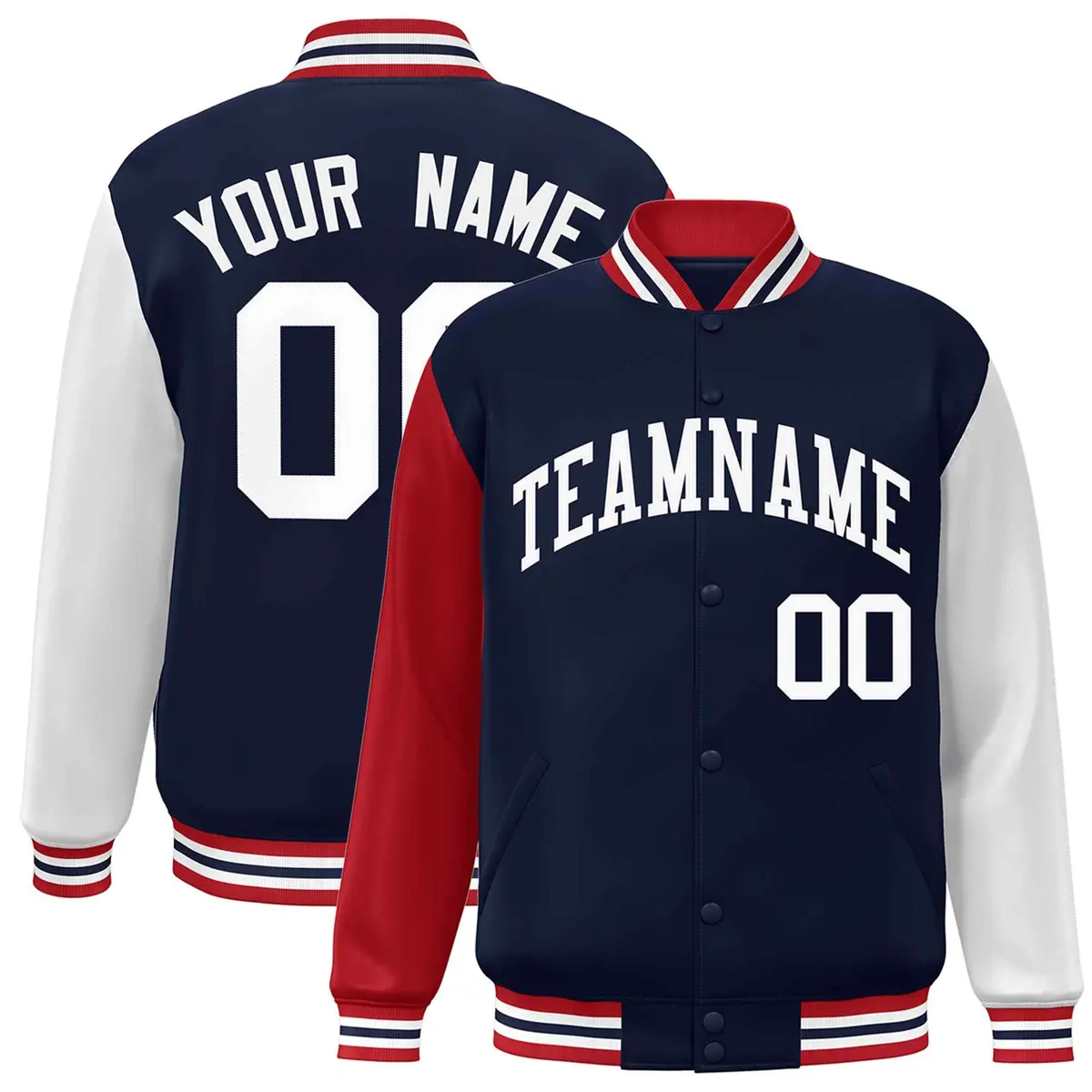 Navy White Raglan Sleeves Varsity Full-Snap Letterman Jacket