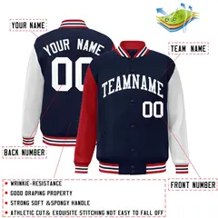 Navy White Raglan Sleeves Varsity Full-Snap Letterman Jacket 2