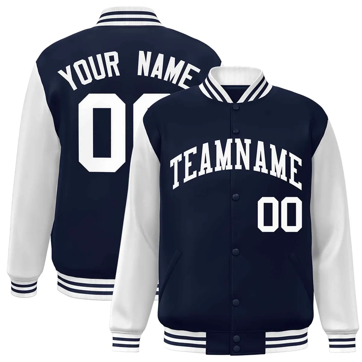 Navy White Raglan Sleeves Varsity Full-Snap Letterman Jacket