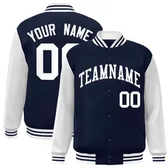 Navy White Raglan Sleeves Varsity Full-Snap Letterman Jacket