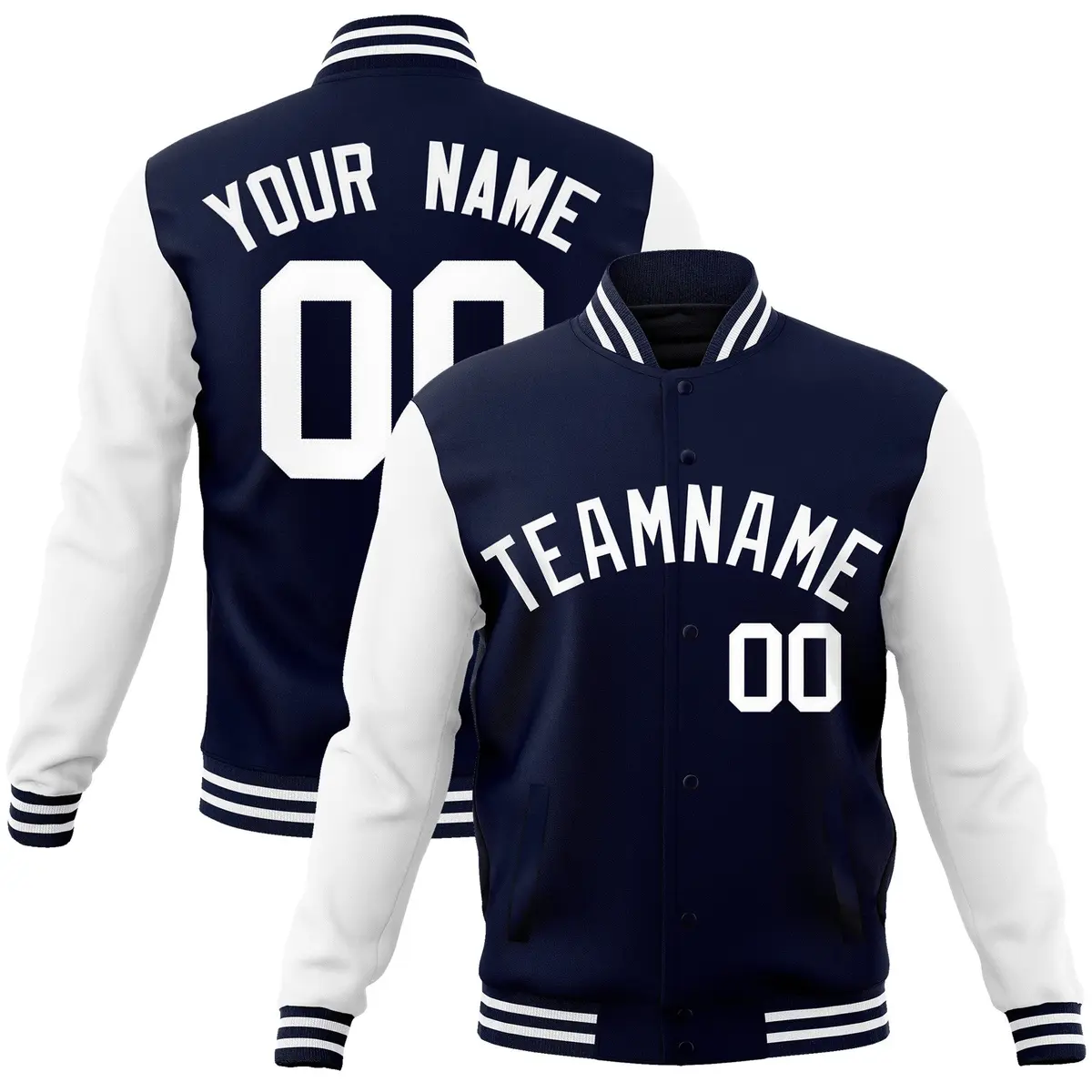 Navy White Raglan Sleeves Varsity Full-Snap Letterman Jacket