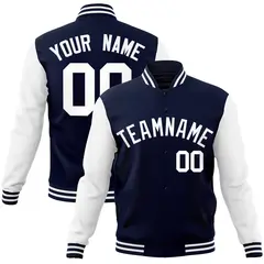Navy White Raglan Sleeves Varsity Full-Snap Letterman Jacket 1